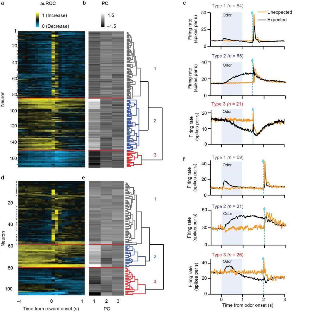Supplementary Figure 2 VTA neurons cluster into three response types. (a) Responses of all neurons recorded in the variable-reward task (n = 170).