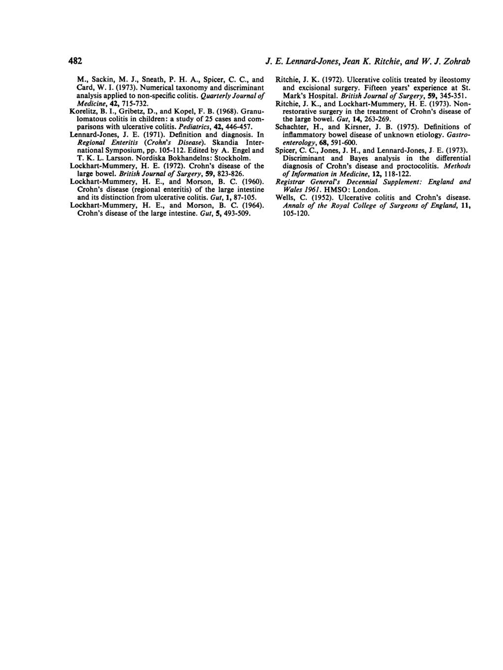 482 J. E. Lennard-Jones, Jean K. Ritchie, and W. J. Zohrab M., Sackin, M. J., Sneath, P. H. A., Spicer, C. C., and Card, W. I. (1973).