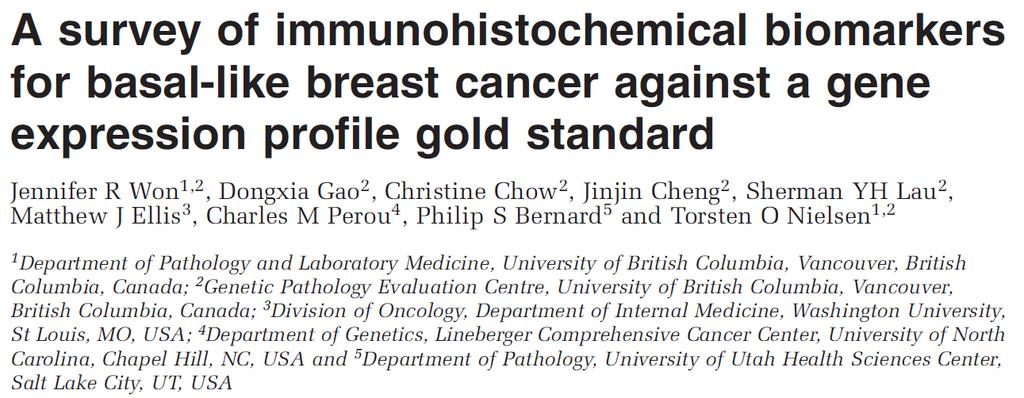 Development of an improved panel for basal breast cancer 46 proposed IHC biomarkers published in the literature as associated with the basal subtype Utilizing PAM50 gene expression profiling platform