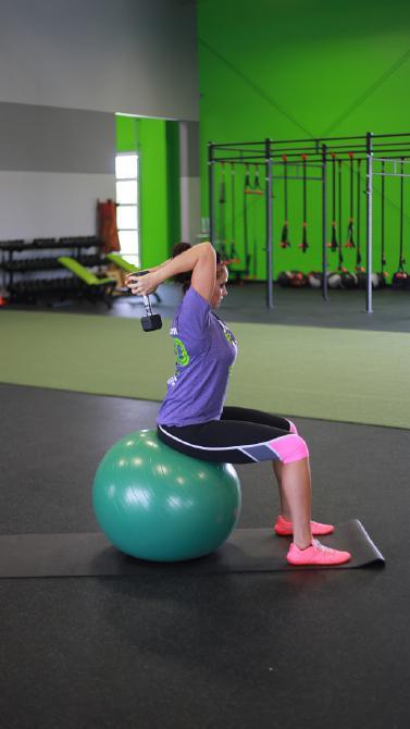12-16 Weeks SEATED BEHIND THE NECK TRICEPS EXTENSION Sit on a chair or stability ball with a dumbbell in each hand. Engage the core. Extend your arms fully and raise the dumbbells overhead.