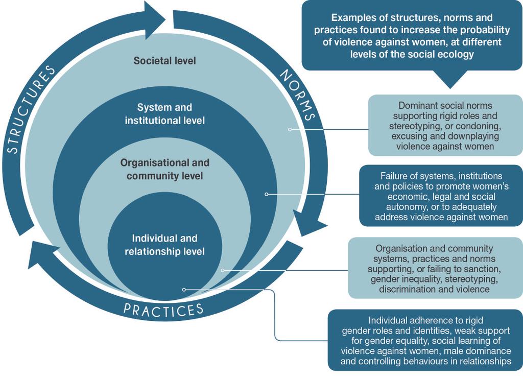A socio-ecological model for behaviour change Our Watch et al 69 recommend using an ecological approach to understand and respond to the causes of violence against women.