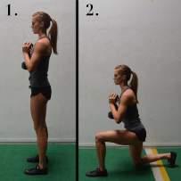 Goblet Reverse Alternating Lunges Stand with your feet shoulder-width apart and hold a dumbbell in front of your chest Step backward with one leg, taking a slightly larger than normal