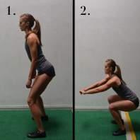 Then, step out to the side into a wider than shoulder width position. Repeat the same squatting motion and then return to the starting position.