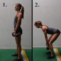 Dumbbell Alternating Lunges Stand with your feet shoulder-width apart with a dumbbell in your hands Step forward with one leg, taking a slightly larger than normal step.
