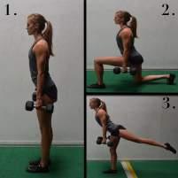 Dumbbell Lunge + Kickback Stand with your feet shoulder-width apart with a dumbbell in your hands Step forward with one leg, taking a slightly larger than normal step.