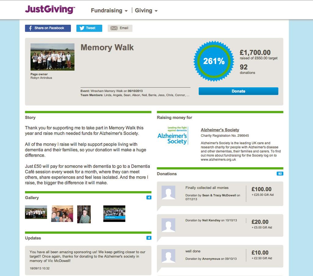 This section tells people why you re fundraising at a glance. So we suggest something really simple like this: I m walking for a world without dementia, for my granny / children / friend.