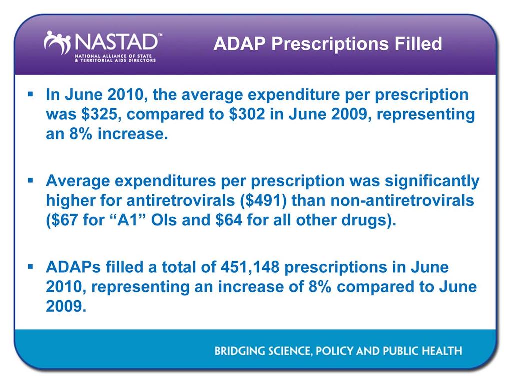 In June 2010, the average expenditure per prescription was $325, compared to $302 in June 2009, representing an 8% increase.