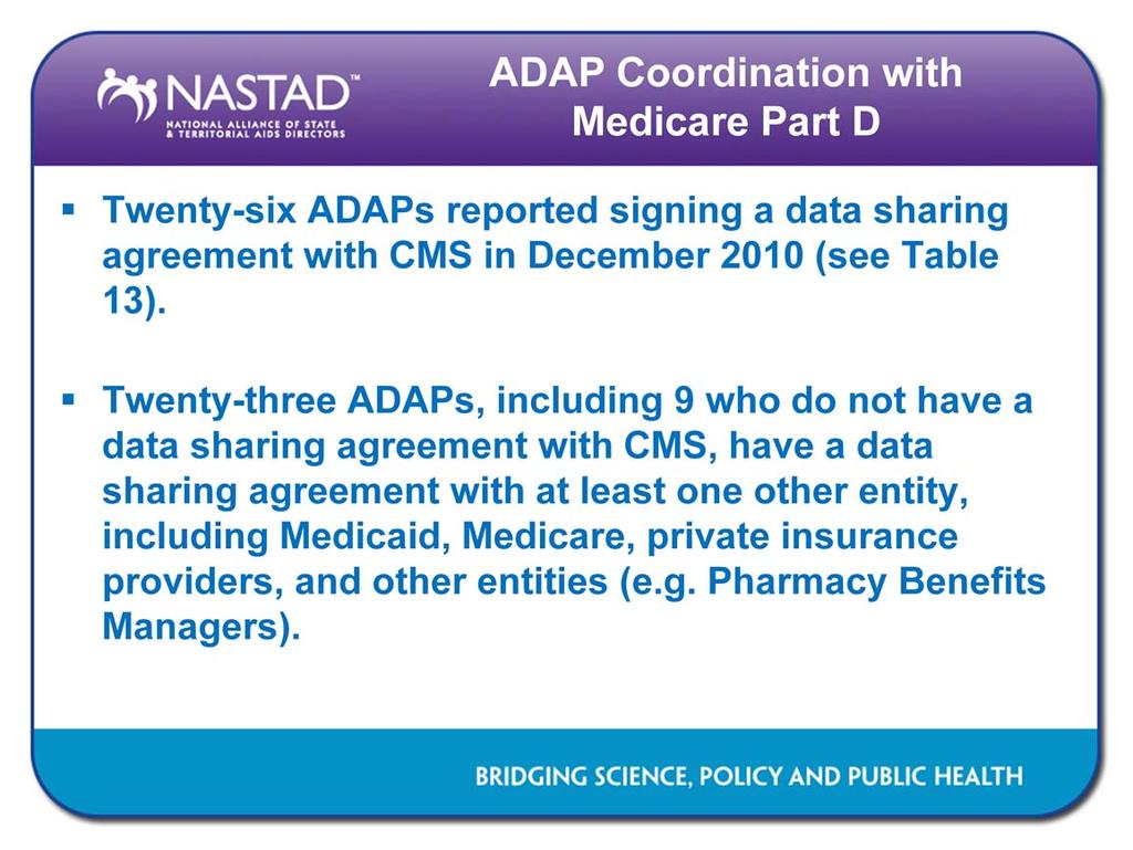 In order for ADAP contributions to count toward clients TrOOP calculations, ADAPs must accurately transmit data to the Center s for Medicaid and Medicare (CMS).