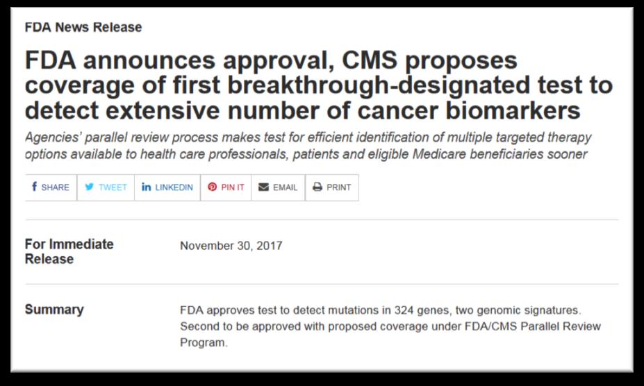 FoundationOne CDx (F1CDx) (November 30, 2017) Broad-panel follow-on companion diagnostic test for 5 tumor