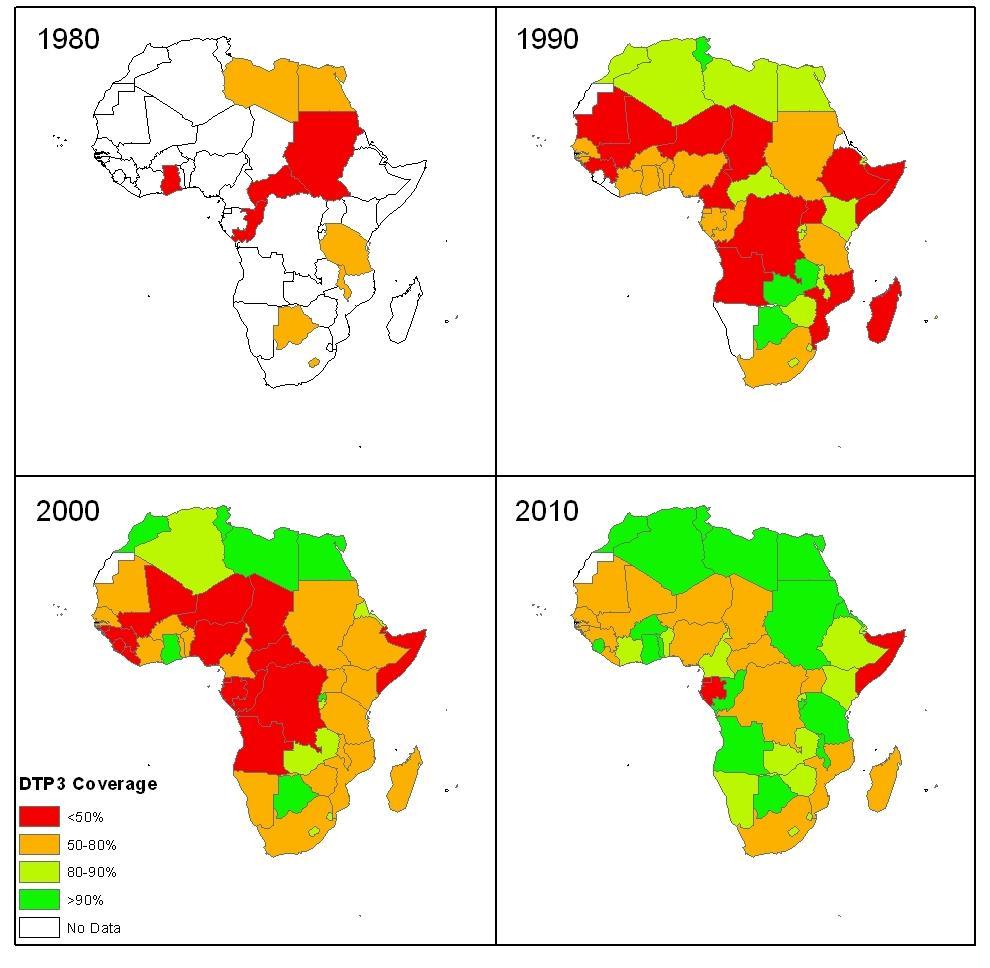 National DTP3 coverage in Africa from 1980 to 2010