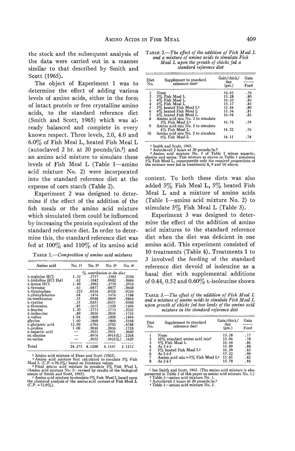 AMINO ACIDS IN FISH MEAL 409 the stock and the subsequent analysis of the data were carried out in a manner similar to that described by Smith and Scott (1965).