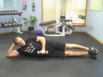 External Shoulder Rotations Coaching Tips: Lie on the floor, on your side supporting your head.