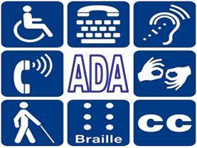 Image: ADA surrounded by individual pictorials: universal accessible sign, TTY, assistive