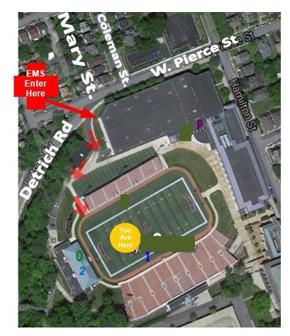 EMERGENCY PLAN Fisher Field & Kirchhoff Field at FISHER STADIUM O O YOU ARE HERE Key EMS- Emergency Vehicle entrance P hone locations O xygen
