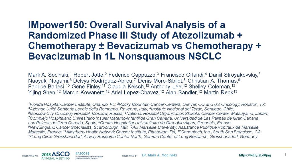 IMpower150: Overall Survival Analysis of a Randomized Phase III Study of Atezolizumab + Chemotherapy ±