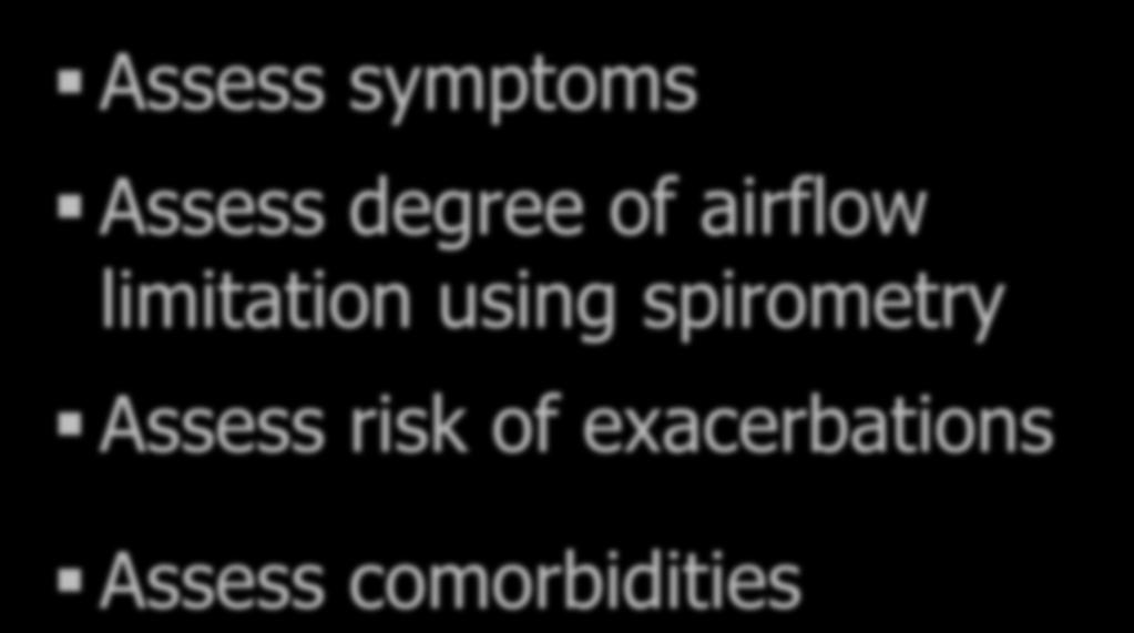 Assessment of COPD Assess symptoms Assess degree of airflow