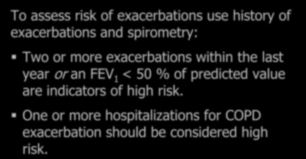 Assess Risk of Exacerbations To assess risk of exacerbations use history of exacerbations and spirometry: Two or more exacerbations within the last