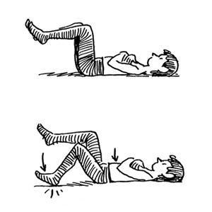 Reverse Crunches Strengthens entire abdominal area. Lie on your back, and put your knees at a 90-degree angle and your feet in the air.
