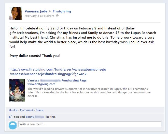 Chapter 1: Facebook Vanessa gave up her birthday in favor of donations for her chosen organization.