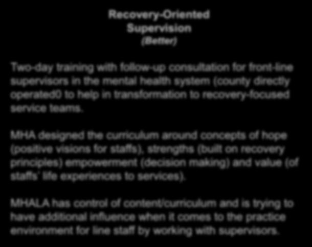 Recovery-Oriented Supervision (Better) Two-day training with follow-up consultation for front-line supervisors in the mental health system (county directly operated0 to help in transformation to