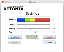 19 7.2. Preconfigured Settings The KETONIX has three preconfigured settings Standard, Nutritional and Sport. Each of these settings indicates different values for each color.