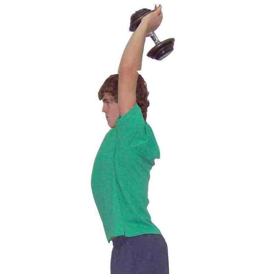 Triceps Extension - Overhead - Weighted Object Stand with single item of choice and weight held in both hands overhead Fix upper