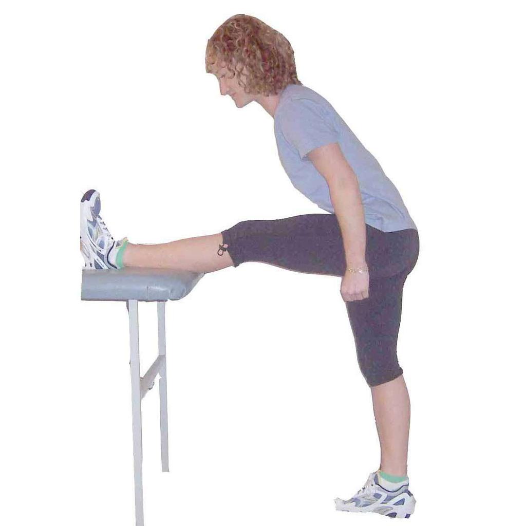 Hamstring Stretch - Standing Stand Raise one leg onto box or bench Hips pointed towards elevated foot Upright posture,