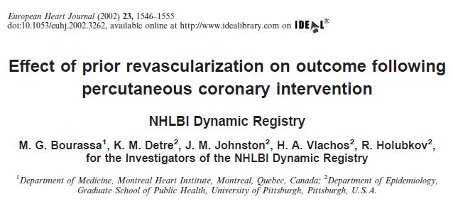 -Effect of prior revascularization on outcome following percutaneous coronary intervention. NHLBI Dynamic Registry. M.G Bourassaa, K.M Detreb,f1, J.