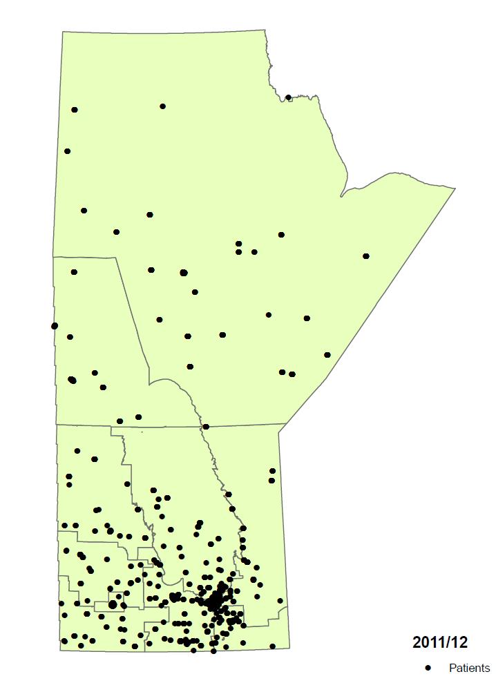 Figure 6e: Map of pediatric dental surgeries in Manitoba geographic areas for 211/12.