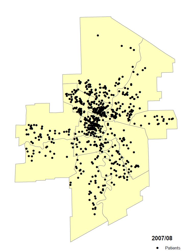 Figure 21 illustrates that pediatric dental surgeries are widespread throughout Winnipeg with a greater proportion of children coming from the downtown and Point Douglas