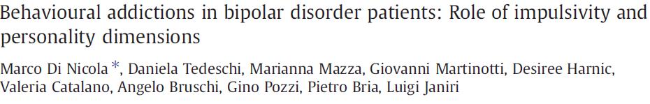 Behavioural addiction symptoms more common in Bipolar disorder: 33% reach cut off for at least one behavioural addiction Significantly higher