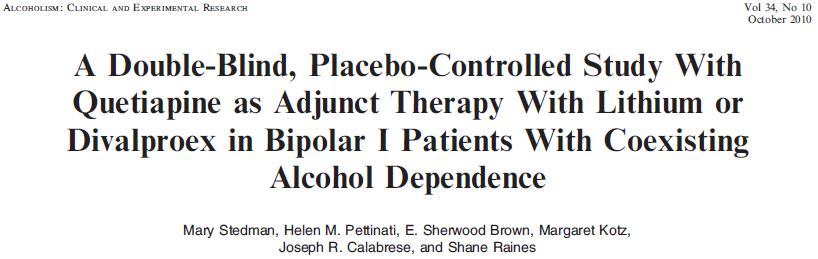 Heavy drinking CGI Randomised to lithium or valproate, then randomised to placebo or quetiapine