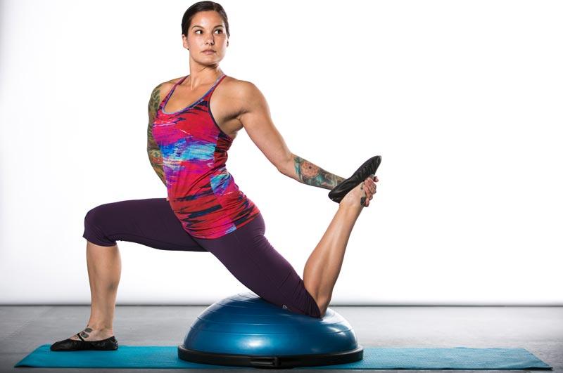 Downward facing dog promotes openness in the back of the legs. Placing your hands on the BOSU helps facilitate proper alignment in the torso, avoiding kyphosis, which many people experience.