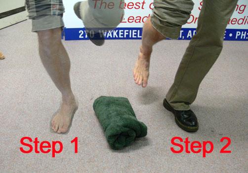 Lateral Stepping 1)Place a rolled towel or short object on the ground 2)Stand with both feet to one side of the object 3)Step over the towel with the injured foot and remain on that foot 4)Then bring