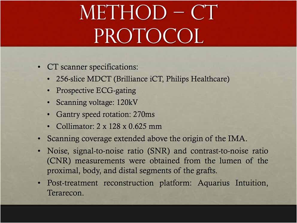 Method CT protocol CT scanner specifications: 256-slice MDCT (Brilliance ict, Philips Healthcare) Prospective ECG-gating Scanning voltage: 120kV Gantry speed rotation: 270ms Collimator: 2 x 128 x 0.