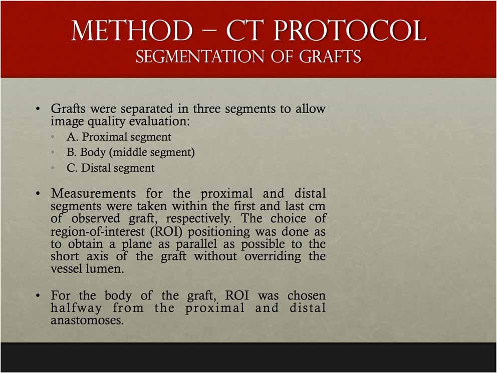 Method CT protocol Segmentation of grafts Grafts were separated in three segments to allow image quality evaluation: A. Proximal segment B. Body (middle segment) C.