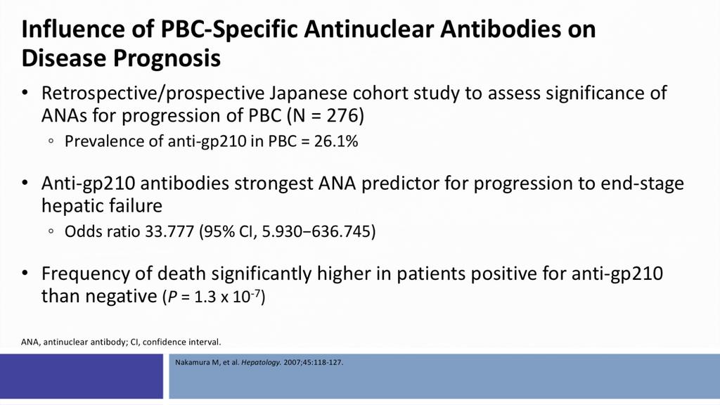 This slide shows that among patients with PBC who maintain an elevated alkaline phosphatase and an elevated bilirubin, the 15-year survival is significantly reduced compared to patients who have an