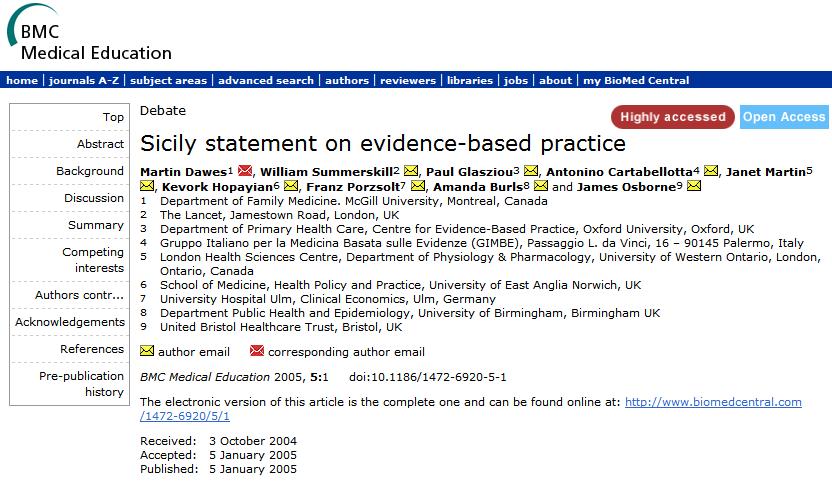 *Sicily statement on evidence-based practice. BMC Med Educ. 2005 Jan 5;5(1):1. What should be the EBM curriculum?