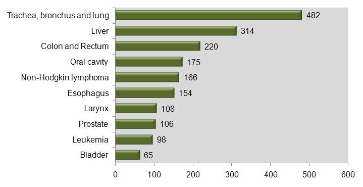 TABLE 11: THE 10 LEADING SITES OF CANCER IN MALES ICD-10 PRIMARY SITE (Short title