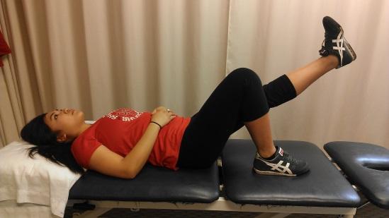 Straight leg raise: Patient lies on back with uninvolved knee bent in hook-lying position.