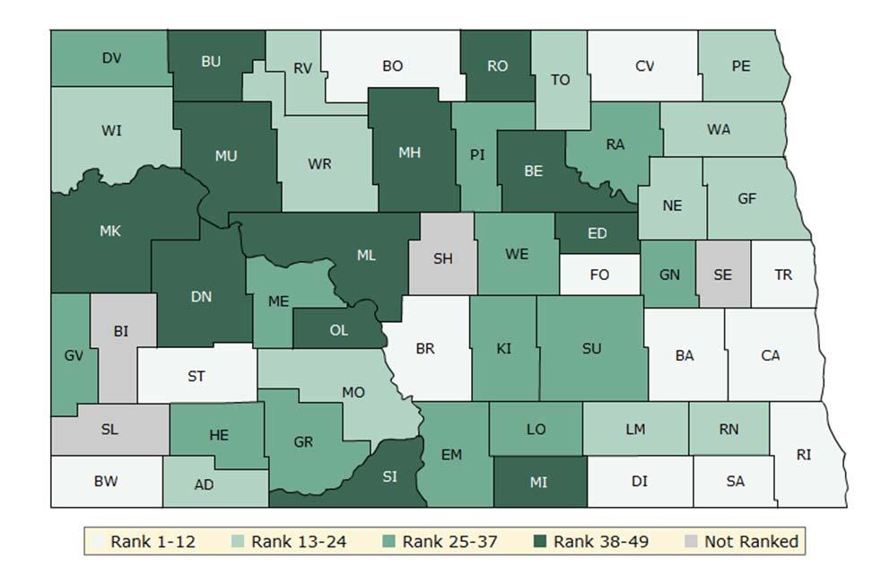 HOW DO COUNTIES RANK FOR HEALTH OUTCOMES? The green map below shows the distribution of North Dakota s health outcomes, based on an equal weighting of length and quality of life.
