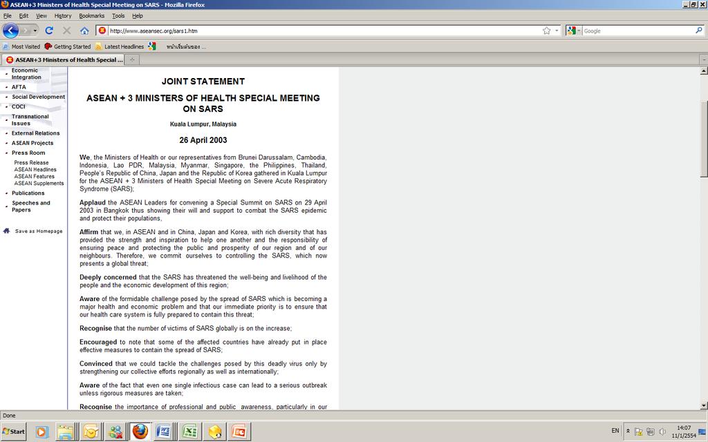 Joint Statement of ASEAN+3 Ministers of Health Meeting, 26 April 2003 Request Thailand, as the