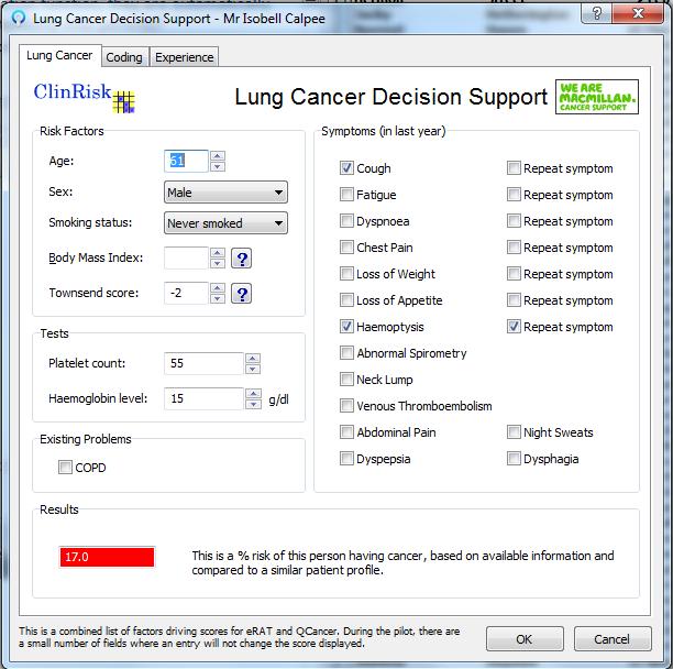 Function one: symptom checker The symptom checker is intended for use in consultation. It allows a GP to enter information on a patient, and calculate a risk of cancer.