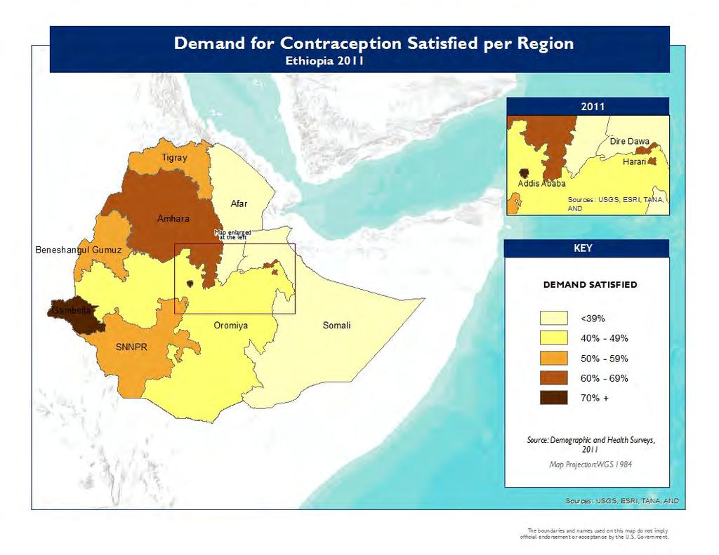 Figure 31. Demand for FP Satisfied by Region for All Women, 2011 Residence In the urban areas, although total demand is still greater than in rural areas, little change has occurred since 2005.