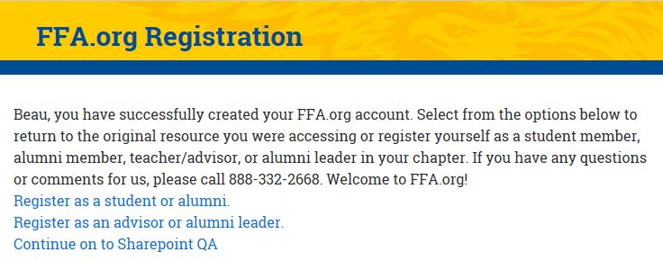 Then, [7] click Register as a student or alumni to access the self-registration form. 7 Returning Members without an FFA.