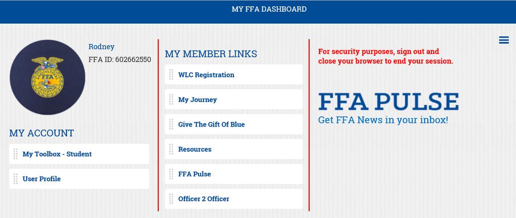 Once logged into your FFa.org account, [8] Open your FFA Dashboard and then [9] select Register My Membership to access the self-registration form.