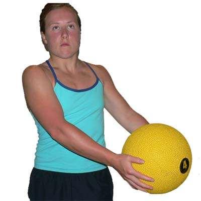 Rest 30s Woodchop Stand, feet shoulder width apart Hold medicine ball in both