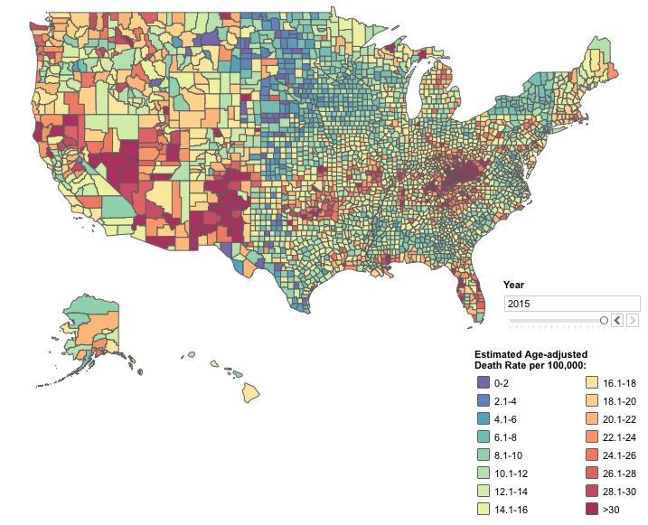Estimated Age-adjusted Death Rates for Drug Poisoning by County, United States: 2015 Source: Rossen LM, Bastian B,