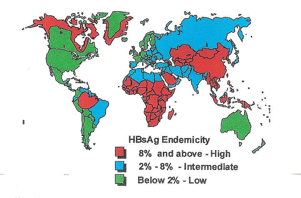 Geographic Distribution of HBV Infection (Source: World Health Organization: Hepatitis B surface antigen assays: Operational characteristics (Phase 1) Report 2, 2004)!