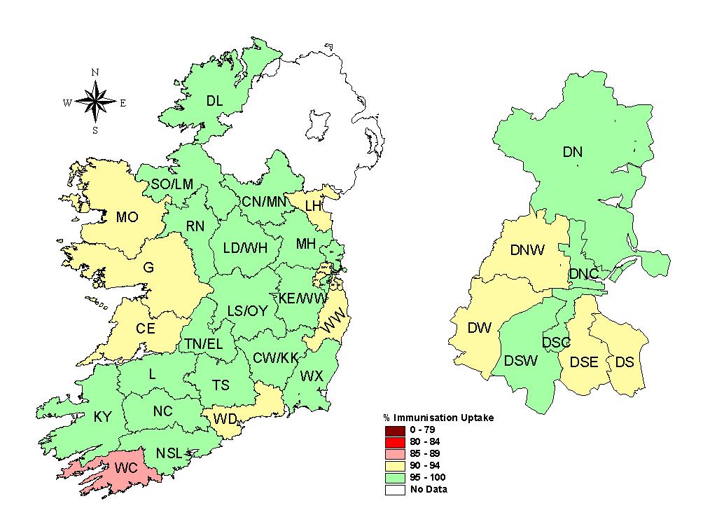 Quarter 2 2011 D3 immunisation uptake rates (%) by LHO, in